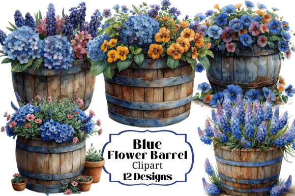 12 Barrel of Blue Flowers Clipart: Elevate Your Digital and Paper Crafts