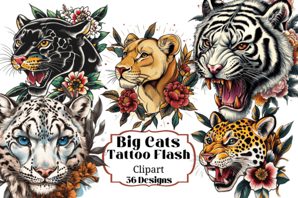 36 Big Cats Tattoo Flash Clip Art: A Digital Resource Guide