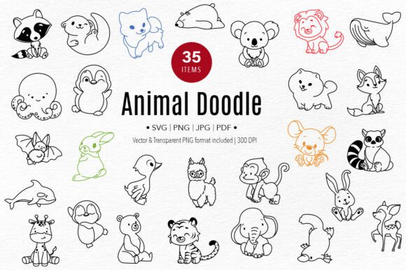 Cute Animal Doodles Line Art Clipart