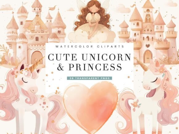Cute Unicorn and Princess Clipart Bundle
