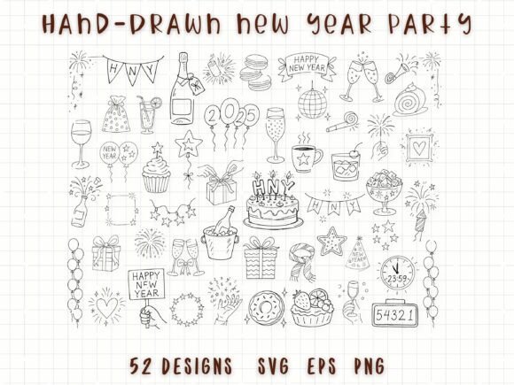 Hand Drawn New Year Party Clipart Bundle