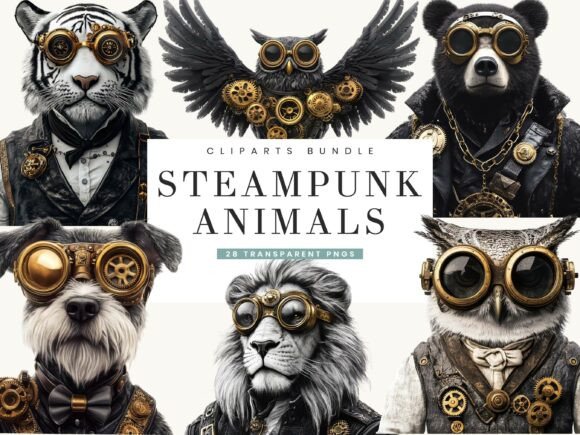 Steampunk Animals Portrait Clipart Bundle