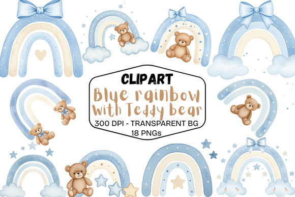 Step Into a World of Gentle Dreams with Baby Blue Rainbow Bear Clipart