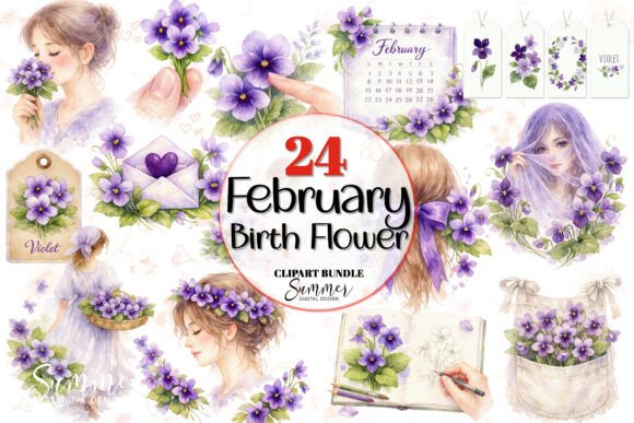 Watercolor February Violet Floral Clipart